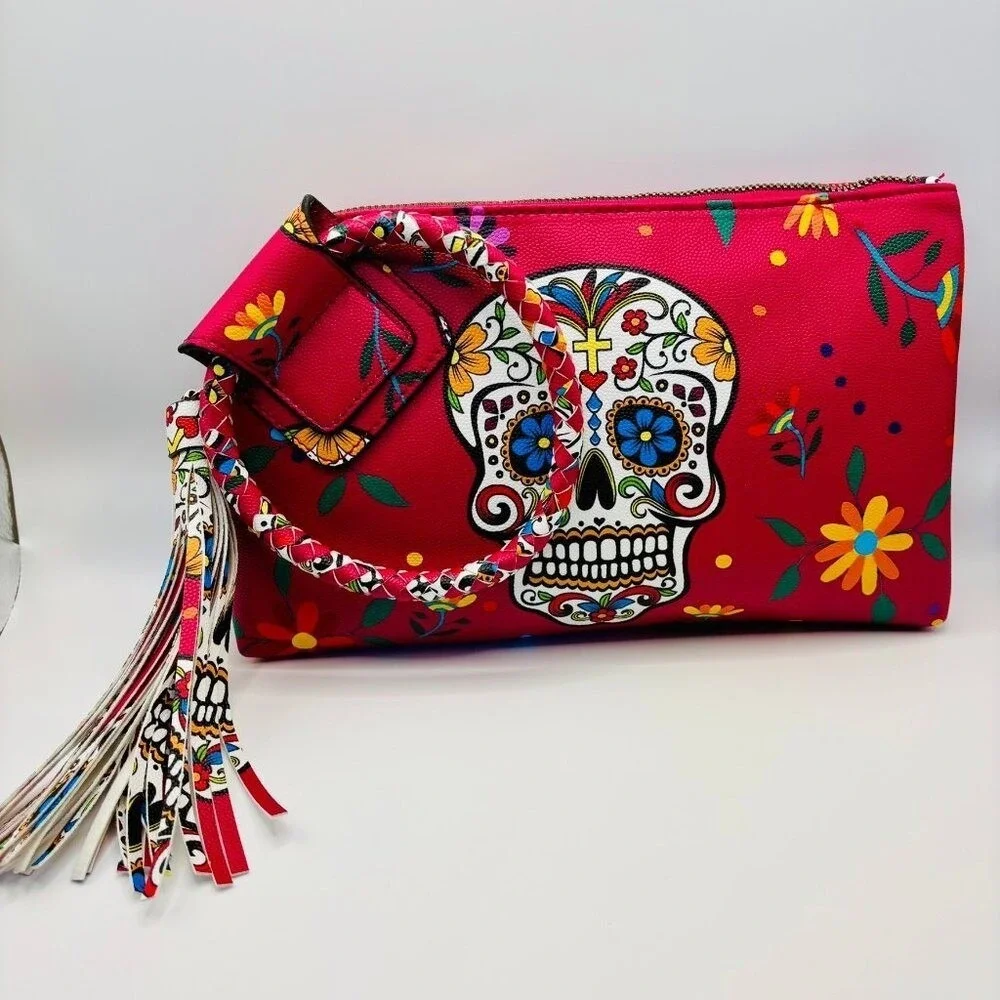 *NWOT* Sugar Skull Wristlet Clutch Women Red Day of the Dead‎ Tassel Bag